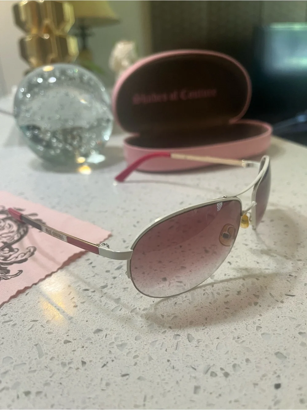 Juicy Couture Pink and Silver Aviator Sunglasses with Pink Case